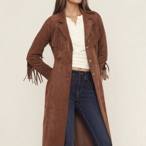 NWT Western Fringe Faux Suede Duster Coat Boho Cowgirl Festival Jacket SZ L